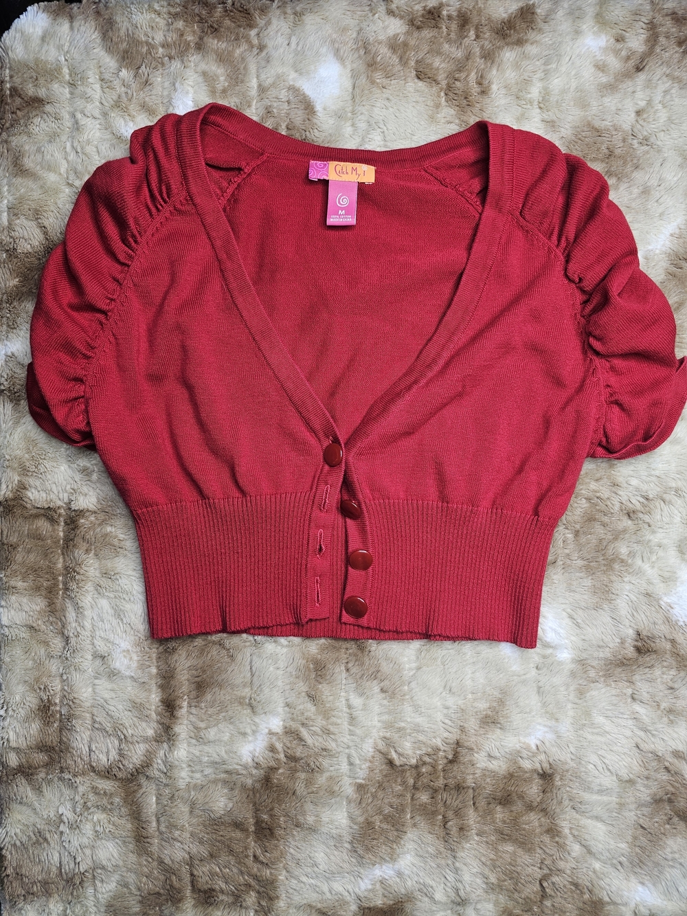 Red Cropped Button-Front Cardigan with Puff Sleeves Y2k
